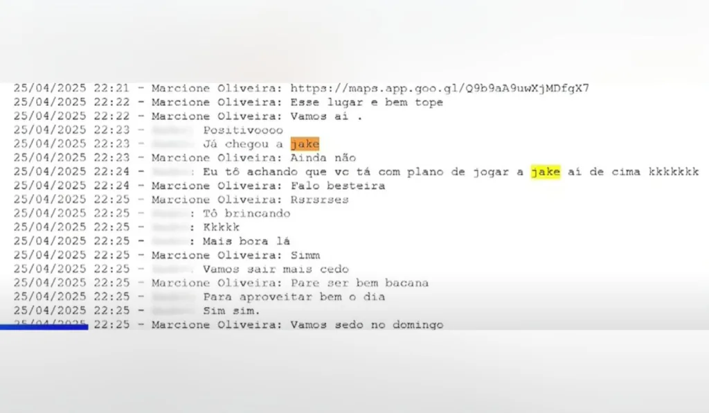 mensagens entre o suspeito de jogar a amante do penhasco e o amigo