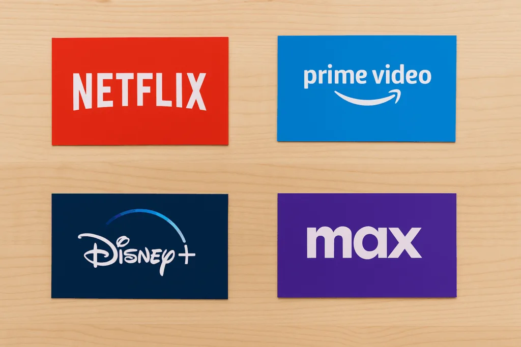 Cartões com logotipos dos serviços de streaming Netflix, Prime Video, Disney+ e Max organizados sobre mesa de madeira clara.