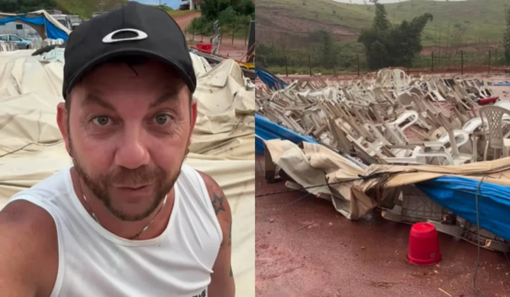 Colagem das postagens de Edy com o circo destruído.