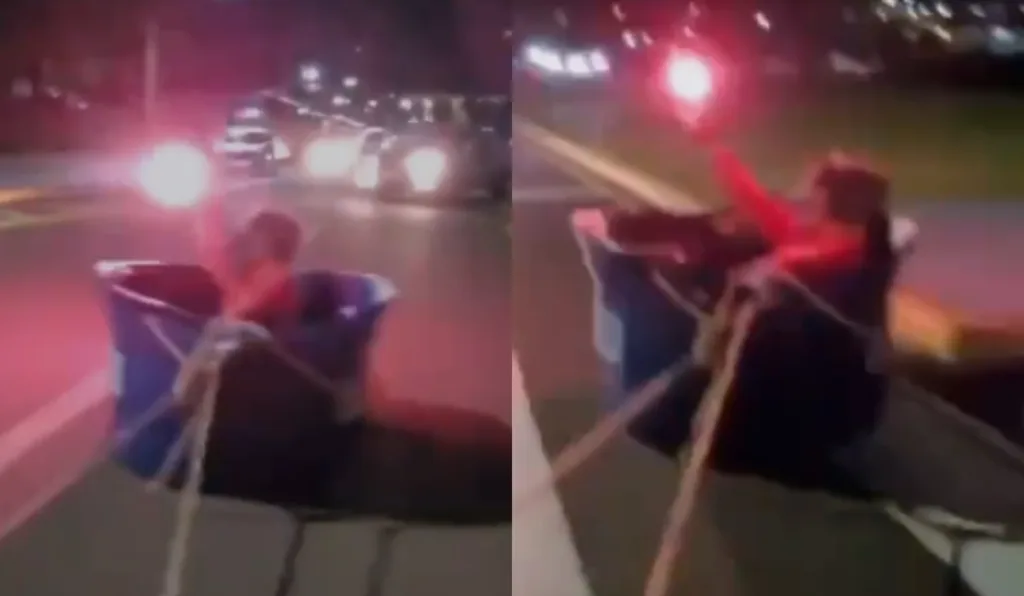 Com máscara de lobo e sinalizador, rapaz foi puxado por carro em avenidas movimentadas