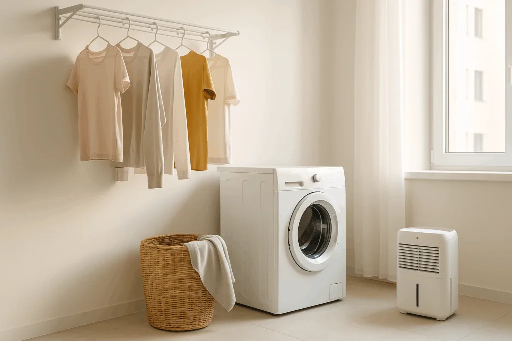 Lavanderia iluminada com roupas penduradas em varal de parede, desumidificador, cesto de roupa e máquina de lavar ao lado de janela ampla.