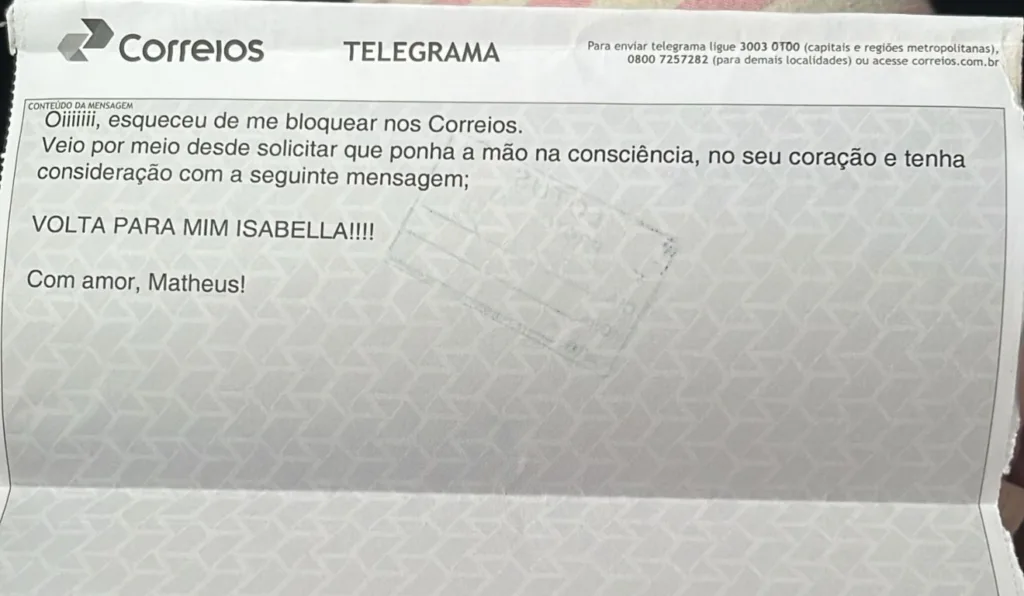 Jovem compartilhou telegrama do rapaz nas redes sociais