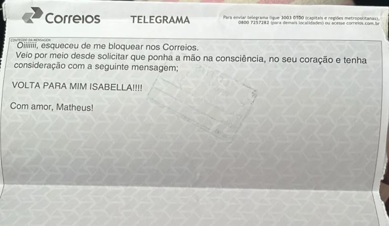 Jovem compartilhou telegrama do rapaz nas redes sociais