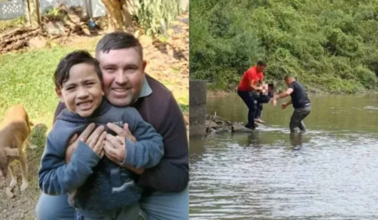 pai com filho e criança sendo resgatada em ponte