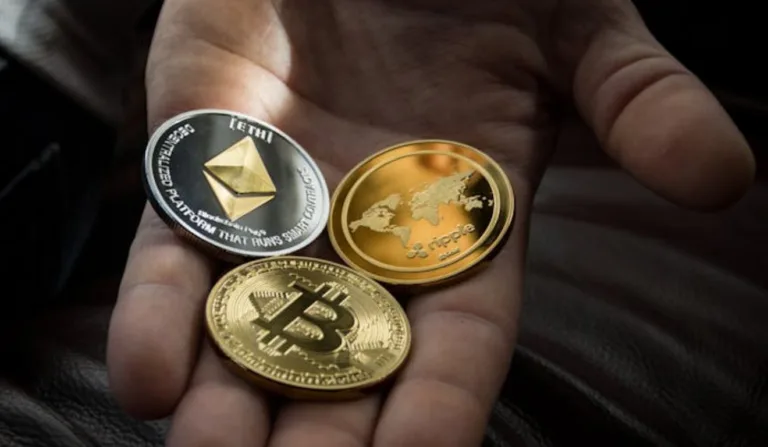 Uma mão segurando criptomoedas.