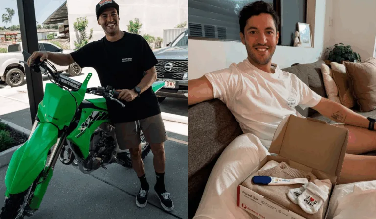 Imagem na esquerda do piloto ao lado da moto, e na direita, Joel descobrindo que seria pai.