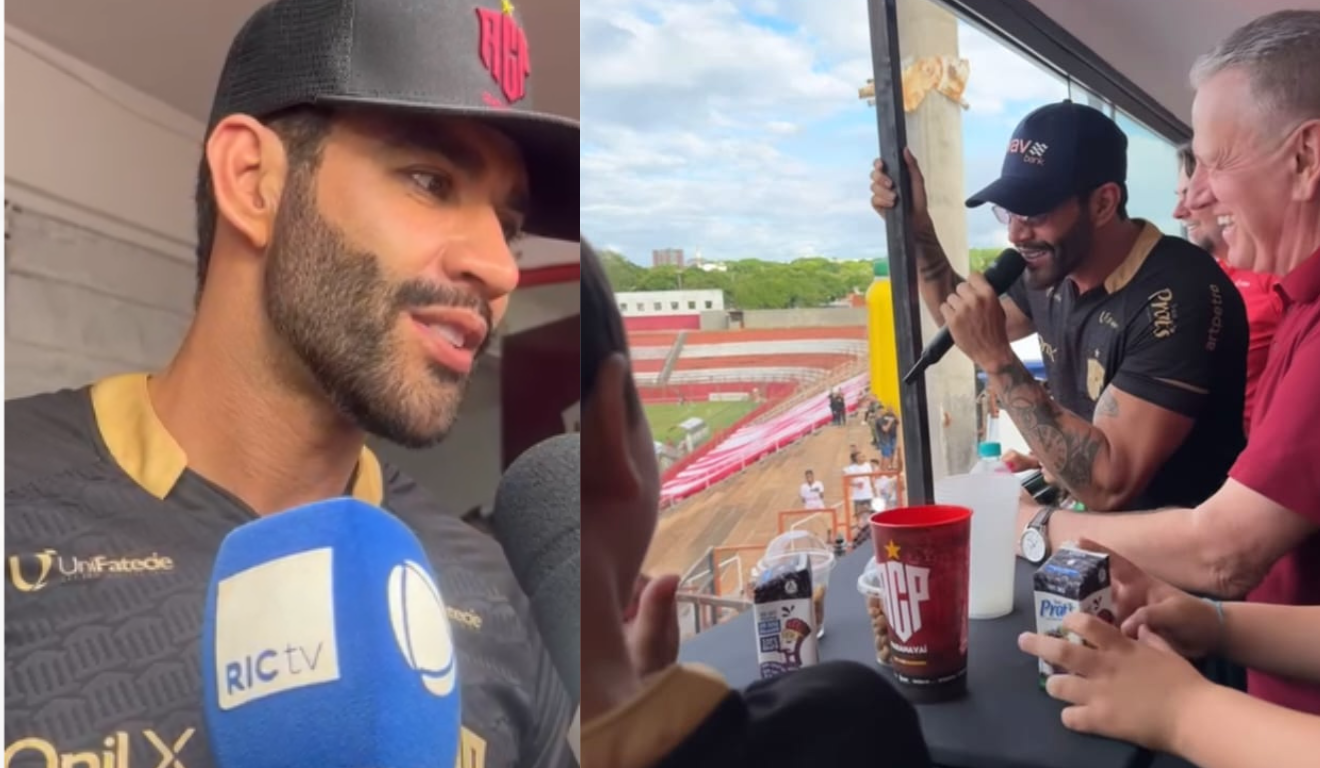 Gusttavo Lima dando entrevista e no estádio do ACP