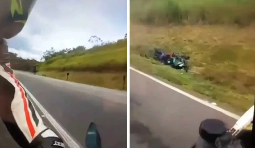 Vídeo com motociclista olhando para trás e vendo o outro motociclista caído, sendo atropelado por outra moto