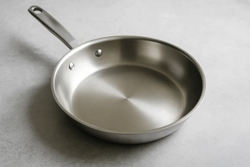 Panela de aço inox limpa sobre bancada cinza clara, com aparência brilhante e bem cuidada.