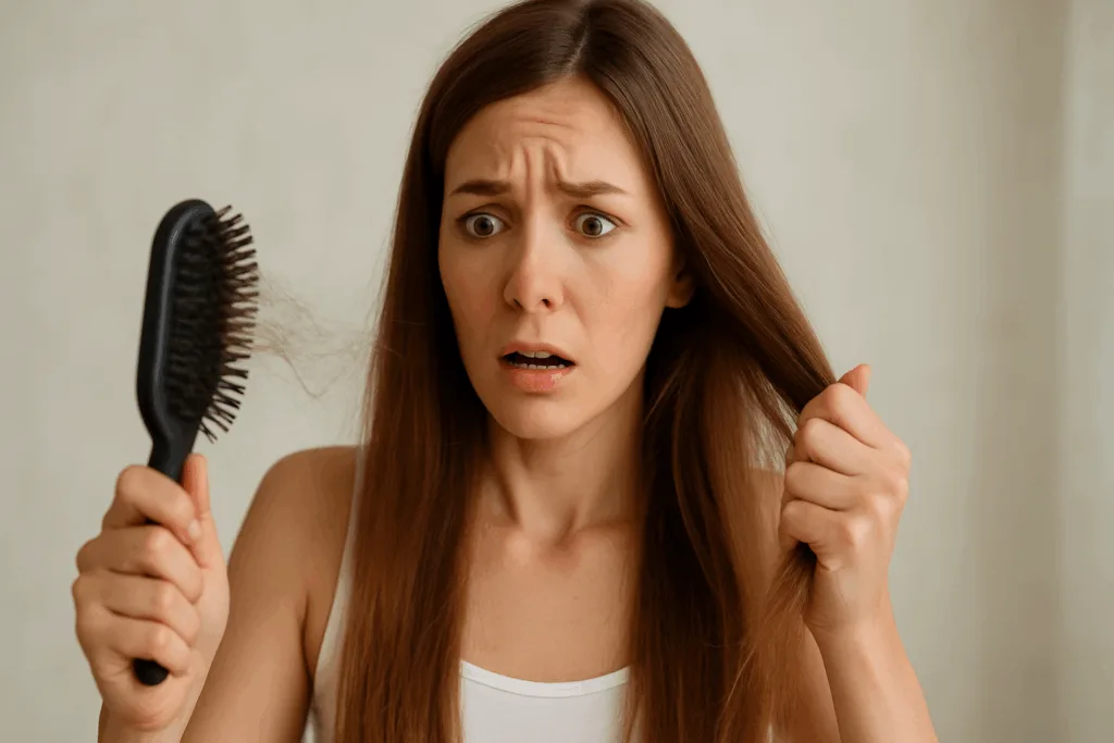 Mulher jovem assustada segura uma escova de cabelo cheia de fios após pentear os cabelos.