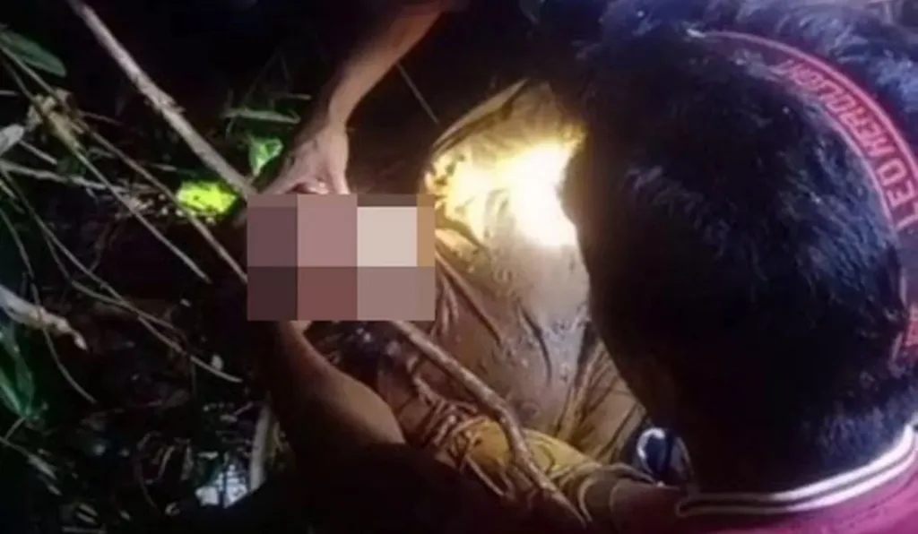 mãe com cabeça dentro da boca de cobra gigante