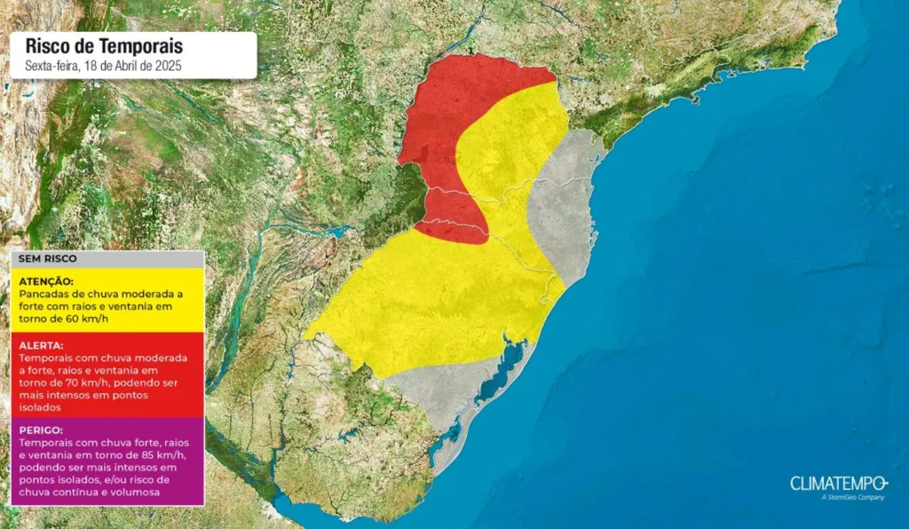 mapa do sul do Brasil apontando previsão de temporal