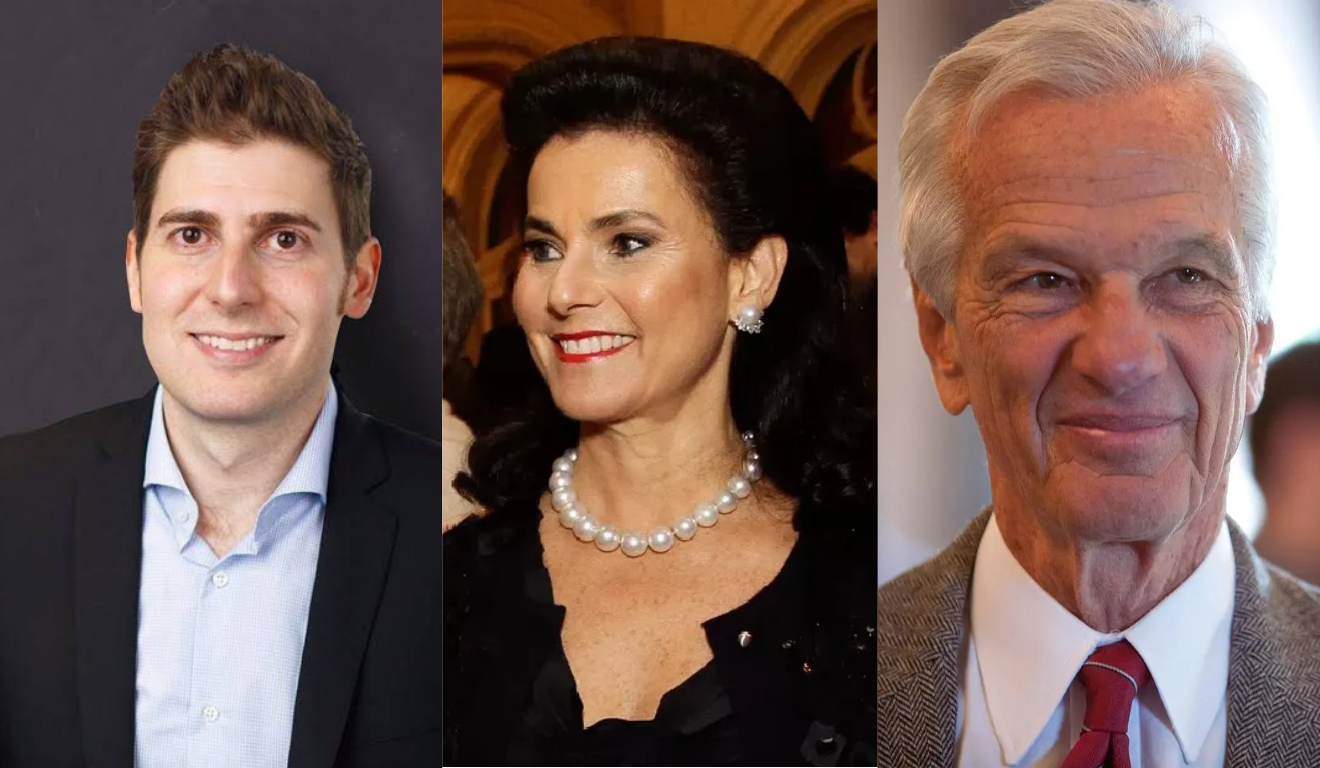 Imagem de Eduardo Saverin, Vicky Safra e Jorge Paulo Lemann.