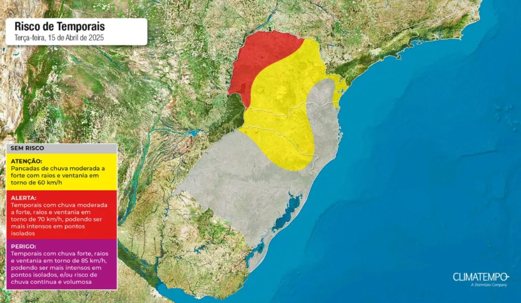 mapa do sul do Brasil mostrando as regiões do Paraná com risco para temporal