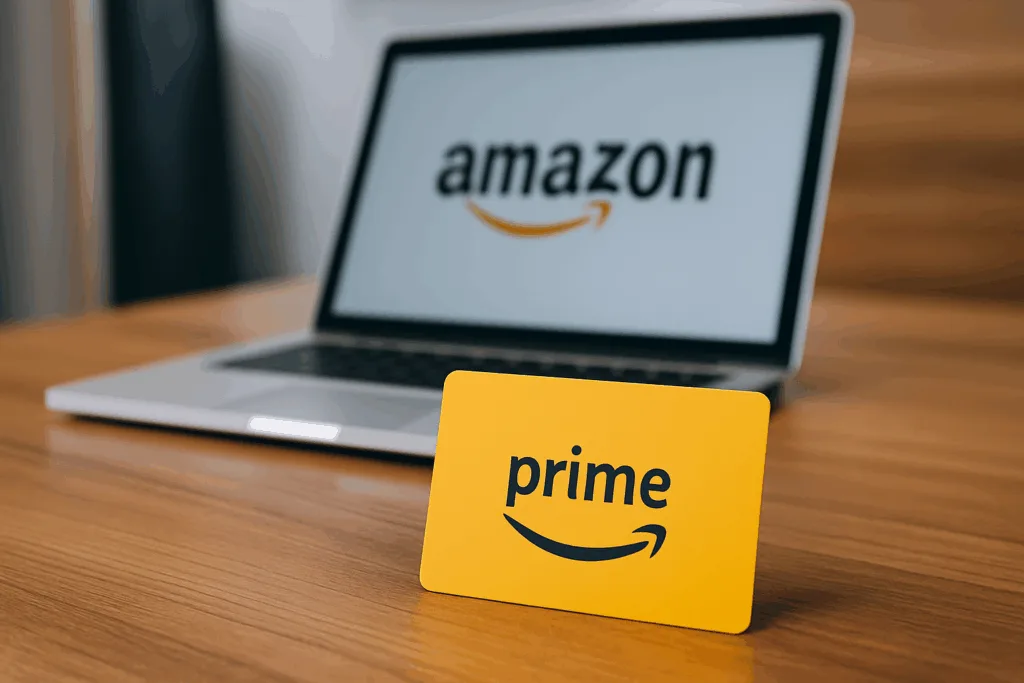 Cartão amarelo do Amazon Prime em destaque sobre mesa de madeira, com notebook ao fundo exibindo o logotipo da Amazon.