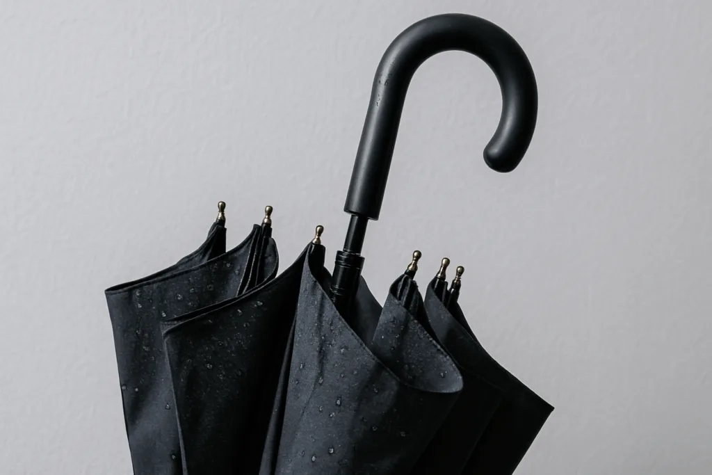 Guarda-chuva preto molhado com gotas visíveis, pendurado em parede clara.
