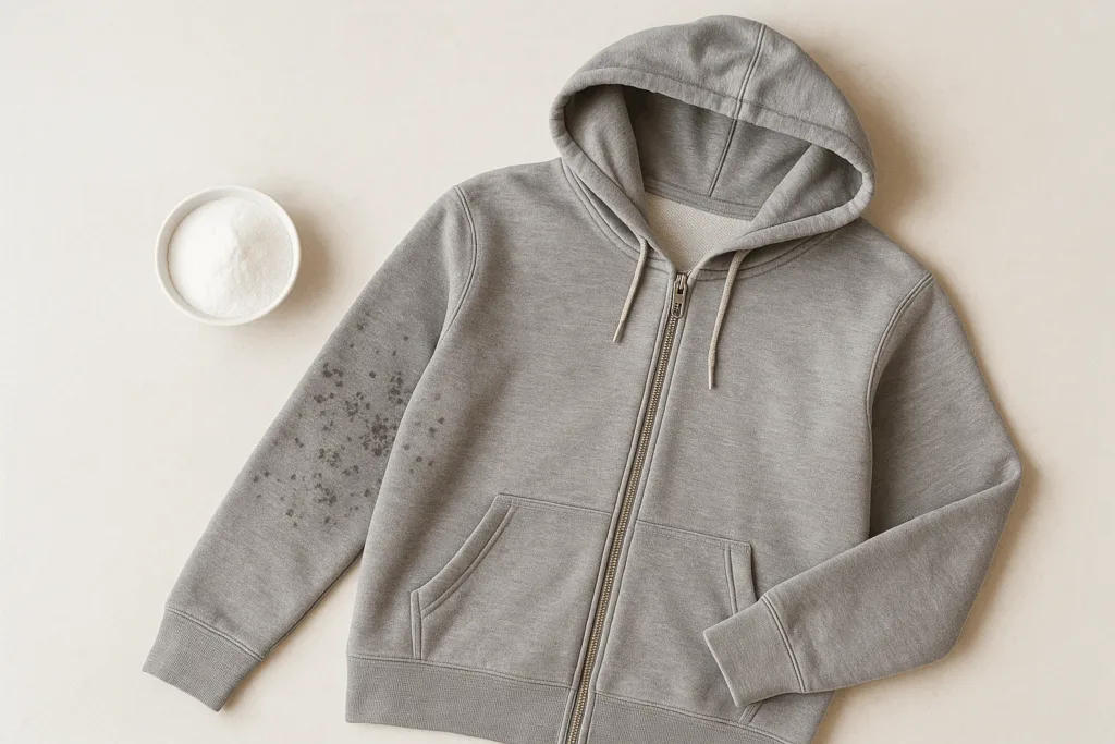 Moletom cinza com manchas de mofo ao lado de tigela branca contendo bicarbonato de sódio sobre superfície clara.