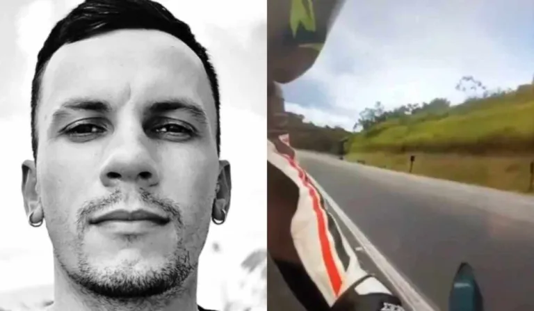 Gustavo, a vítima. E trecho do vídeo com motociclista olhando para trás e vendo o outro motociclista caído, sendo atropelado por outra moto