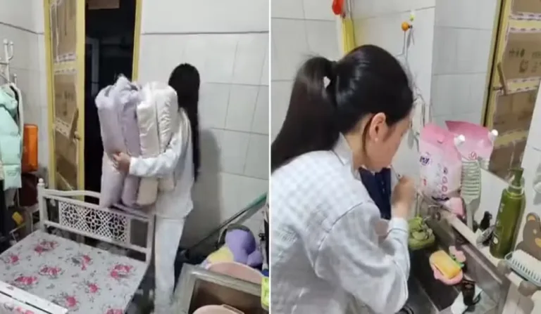 Colagem de jovem arrumando o quarto e escovando os dentes.