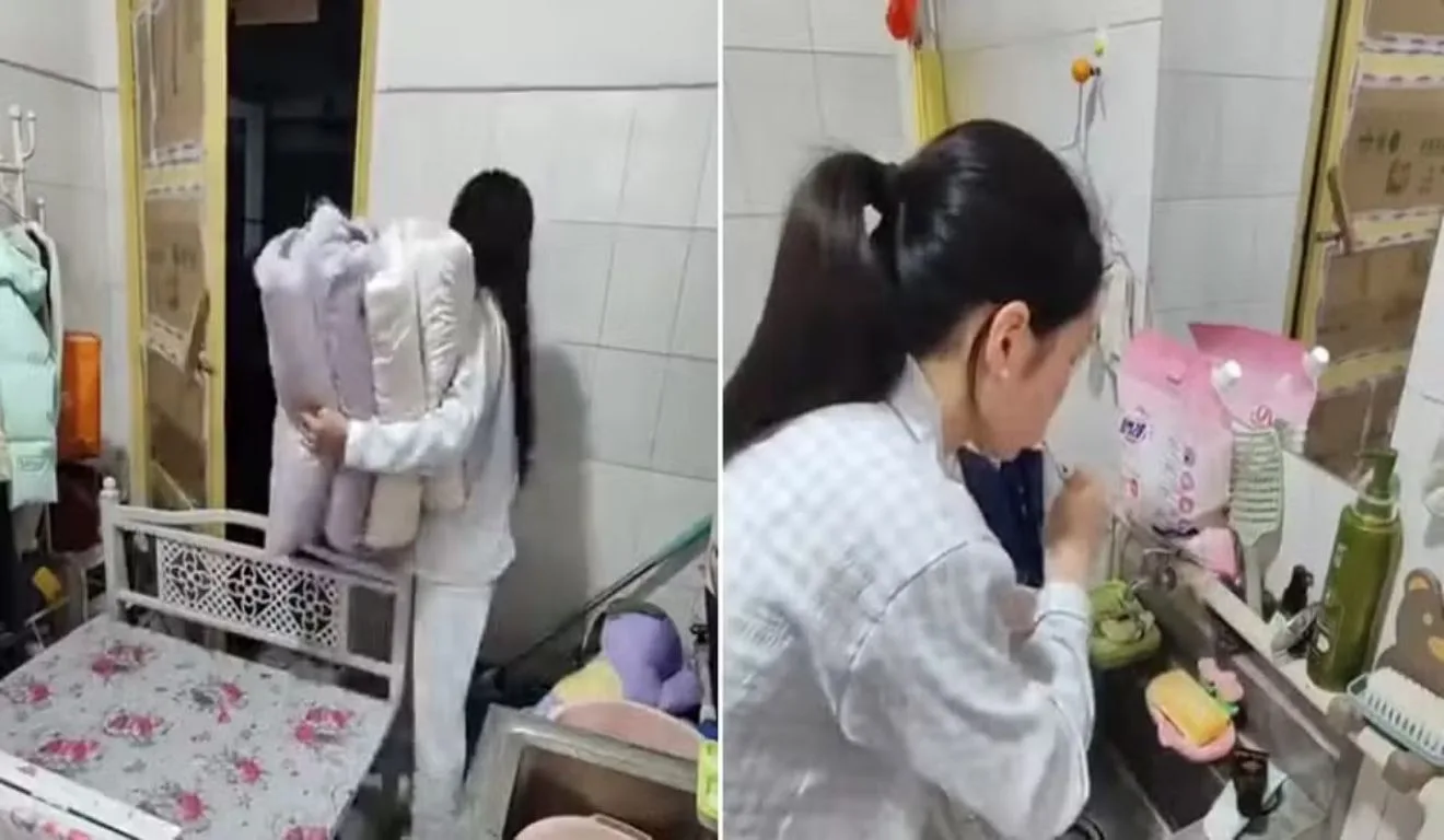 Colagem de jovem arrumando o quarto e escovando os dentes.