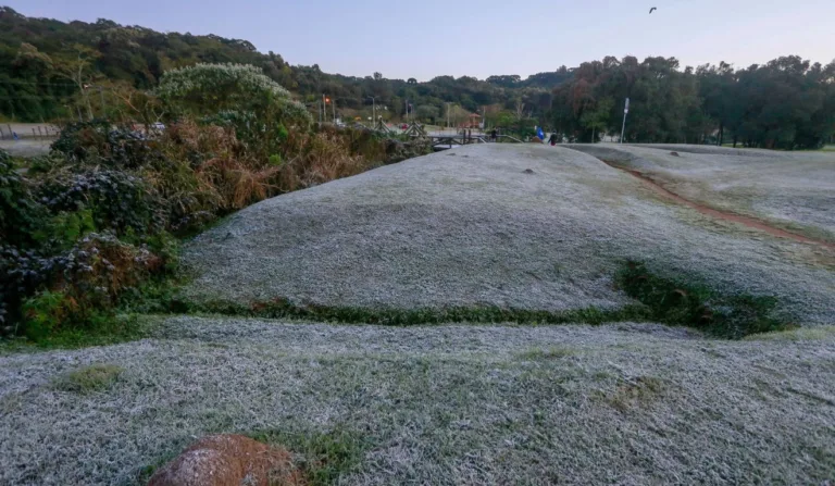 gramado com geada para ilustrar a previsão do tempo para o mês de maio no Sul do Brasil