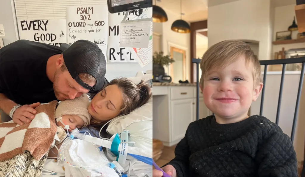 Imagens da criança e dos pais no hospital.