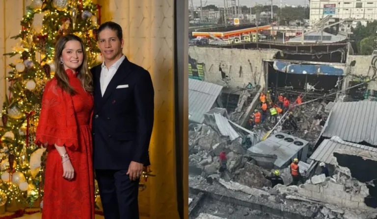 Imagem de Eduardo Guarionex Estrella Cruz e Alexandra Grullón. Do lado esquerdo, foto do desabamento da boate.