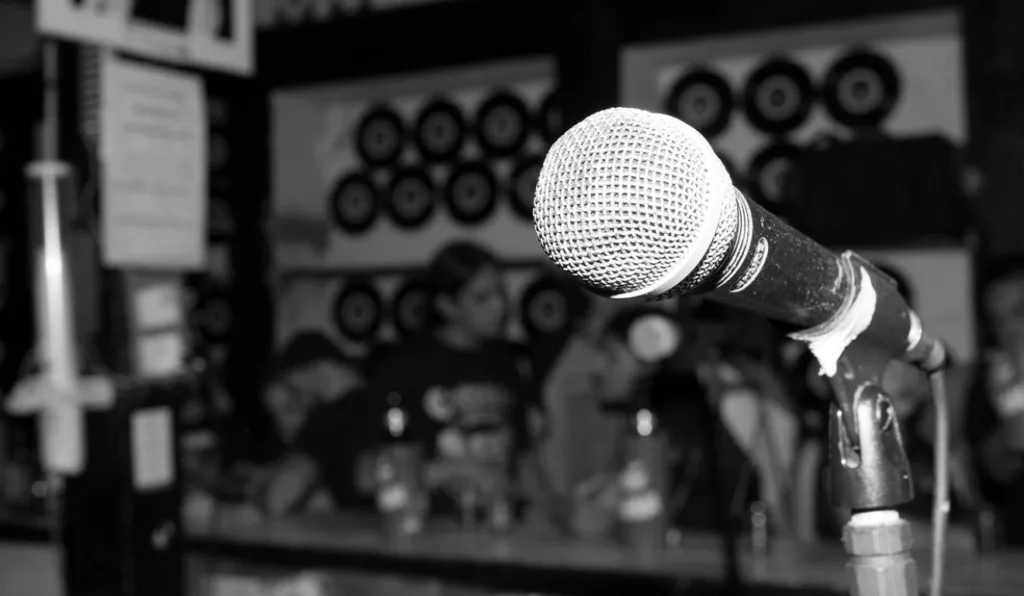 foto de um microfone em preto e branco