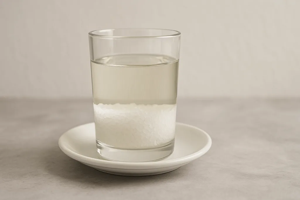 Copo de vidro transparente com sal grosso e vinagre branco sobre prato branco, usado em simpatias espirituais.