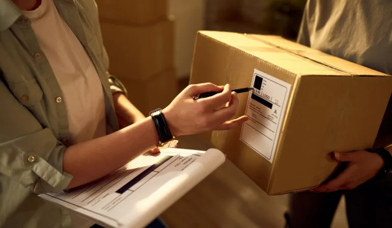 mulher riscando caixa de entrega