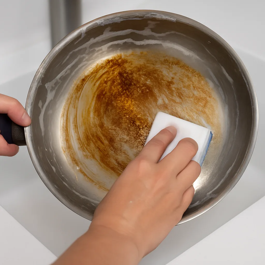 Pessoa esfregando o interior de uma panela de inox com esponja branca, removendo gordura acumulada.

