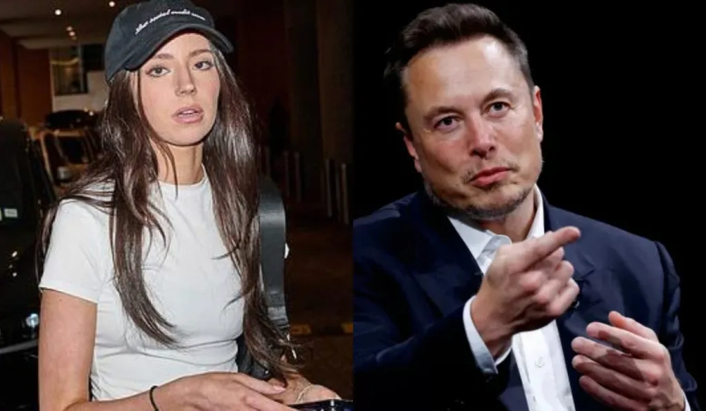 Colagem do flara da m~´ae do filho mais novo de Musk vendendo tesla e Elon ao lado.