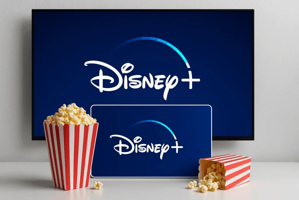 Tela de televisão exibindo o logotipo do Disney+ com baldes de pipoca à frente, sobre mesa de mármore.