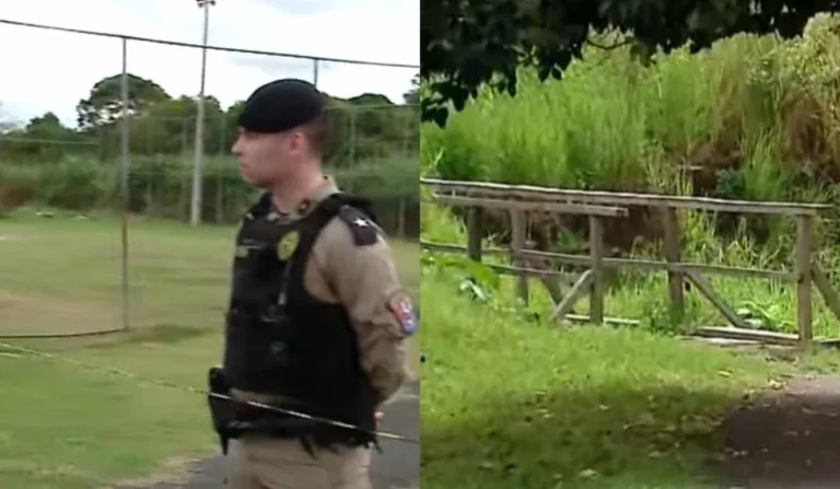 Área de mata e policial onde o confronto com o suspeito aconteceu