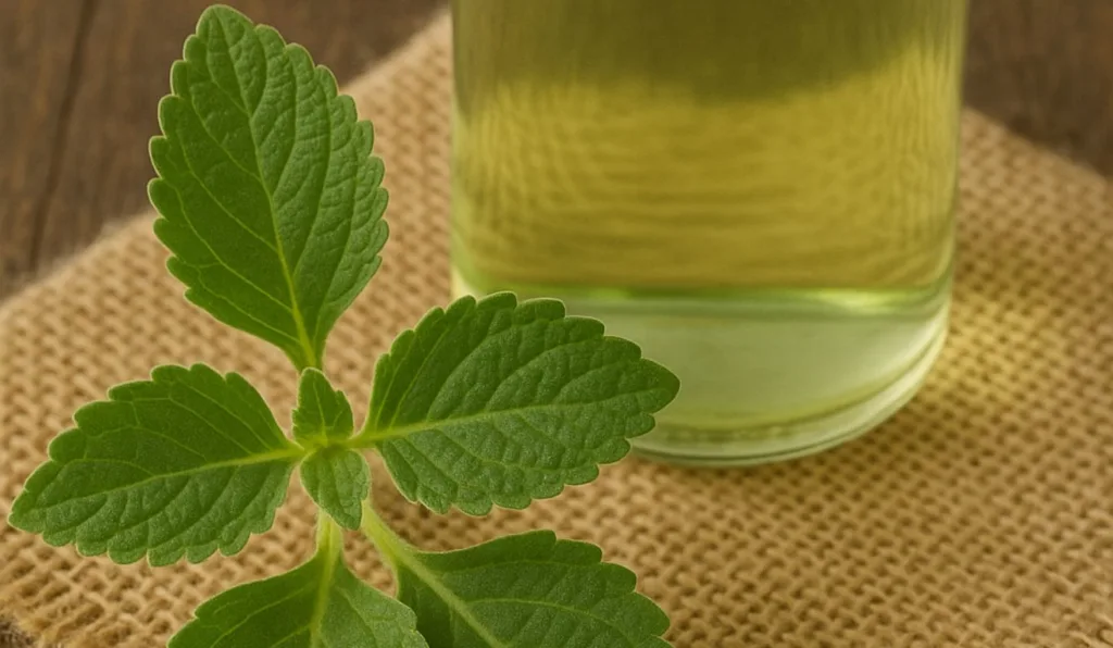 folha de boldo ao lado de um pote com chá