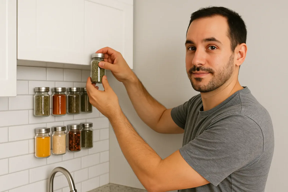 Essa dica com fita dupla face transforma a parede em porta-temperos