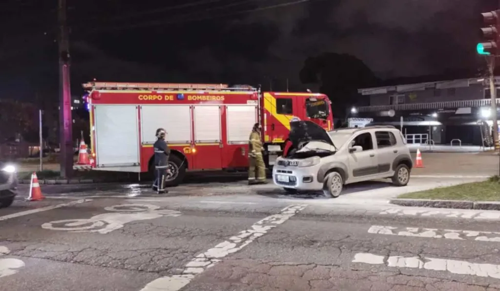 Carro e corpo de bombeiros ao lado