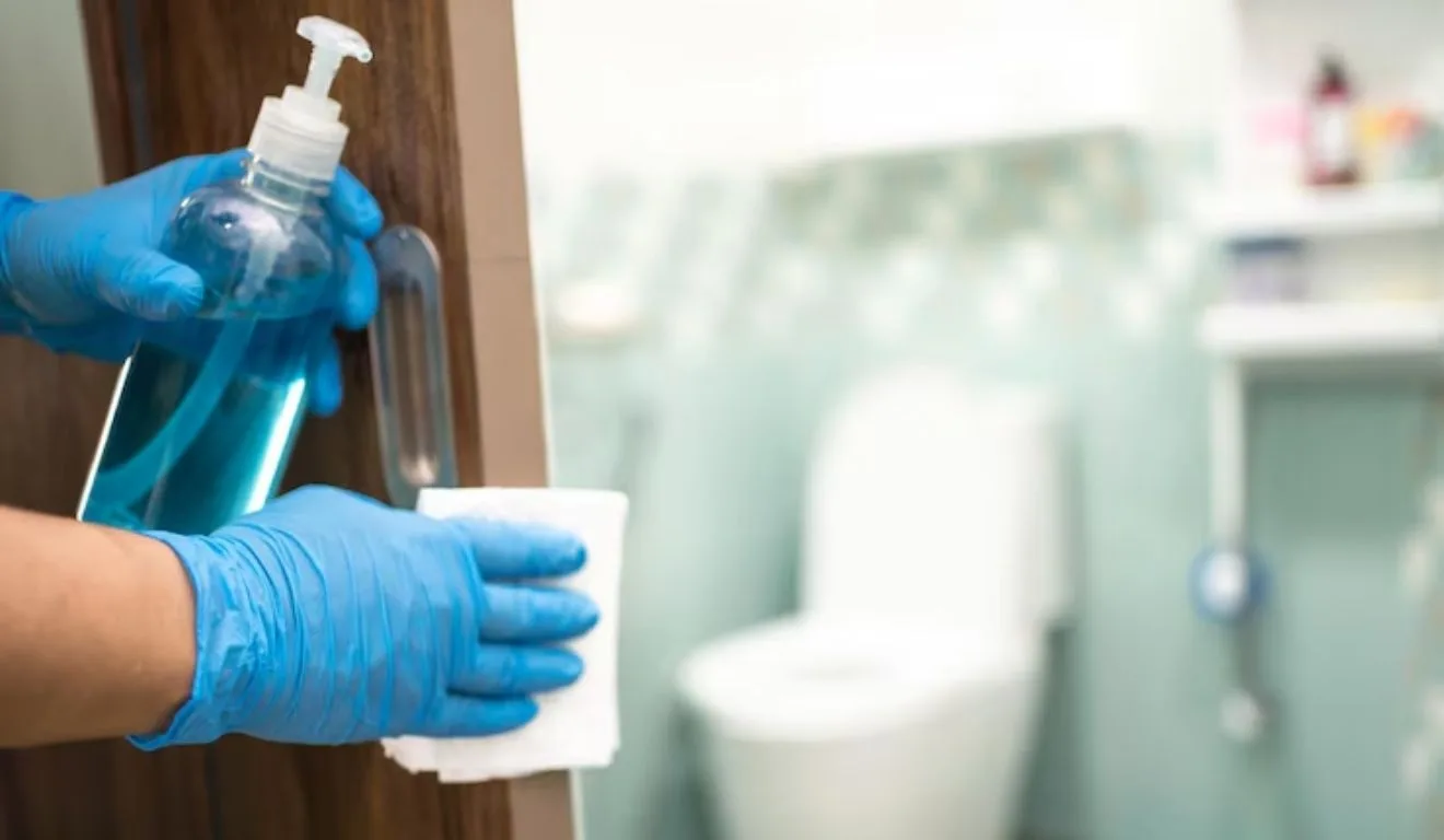 pessoa limpando porta do banheiro