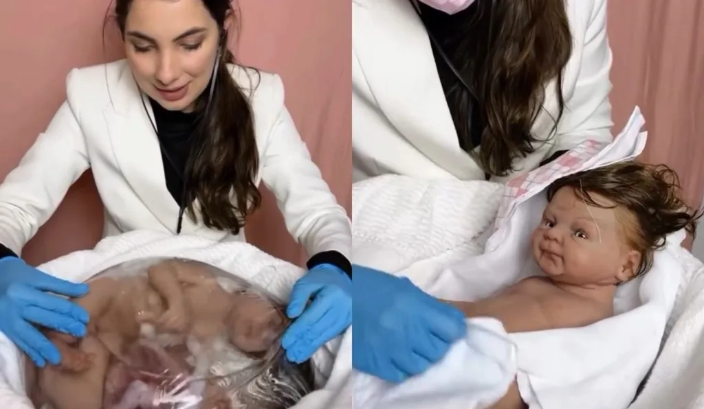 mulher fazendo parto de bebê reborn