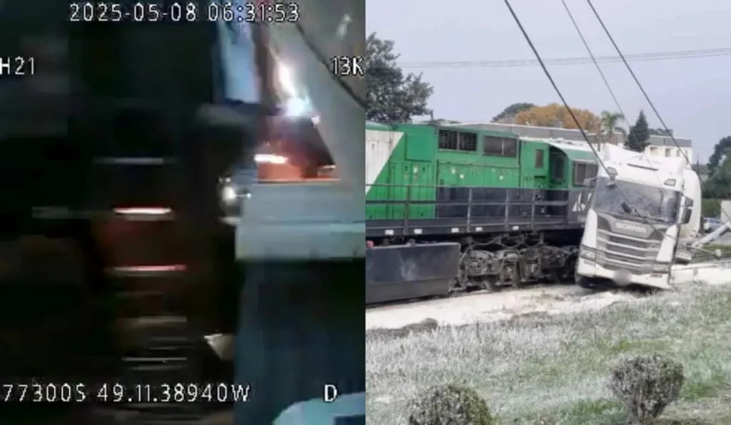 Imagem do trem acertando a carreta. Câmera instalada na carreta.