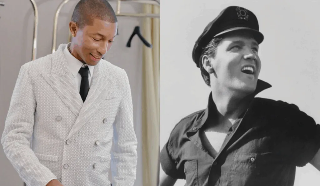 Imagem de Pharrell Williams e Elvis Presley.