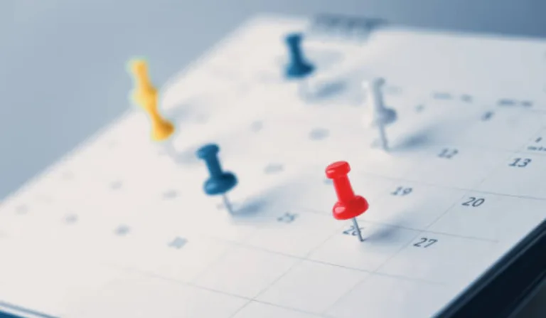 Calendário com pinos marcando.