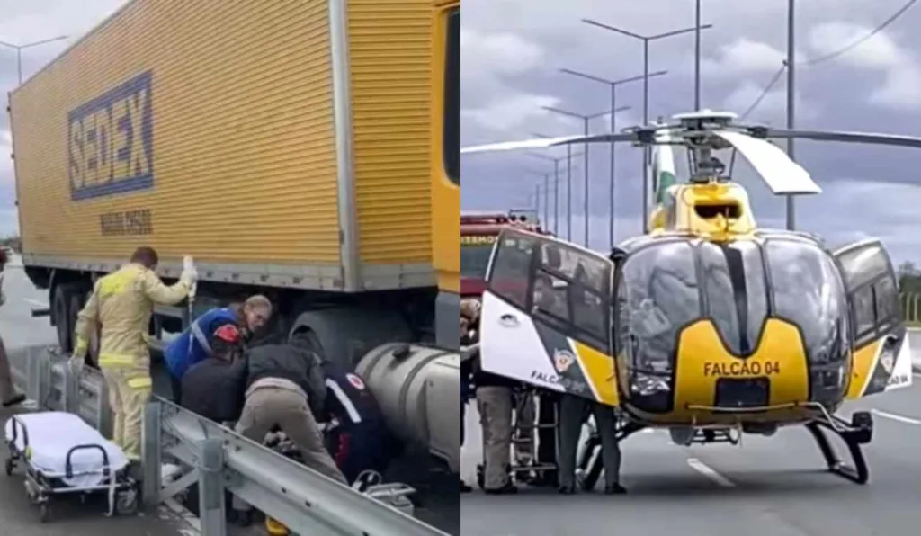 Caminhão dos Correios que atropelou pedestres e helicóptero do BPMOA que socorreu vítima