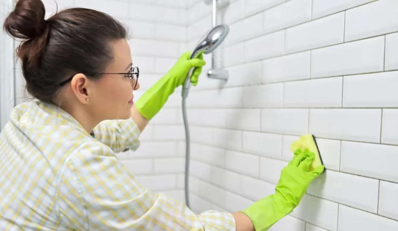 mulher lavando rejunte do banheiro para tirar o limo
