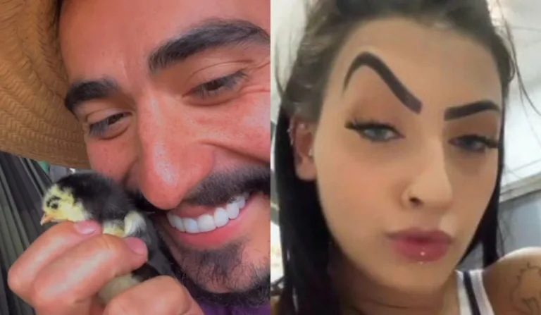 Pintinho com sobrancelha, homem de chapéu e MC Mirella