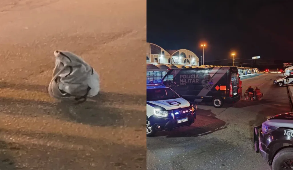 Mochila em chão e polícia em terminal
