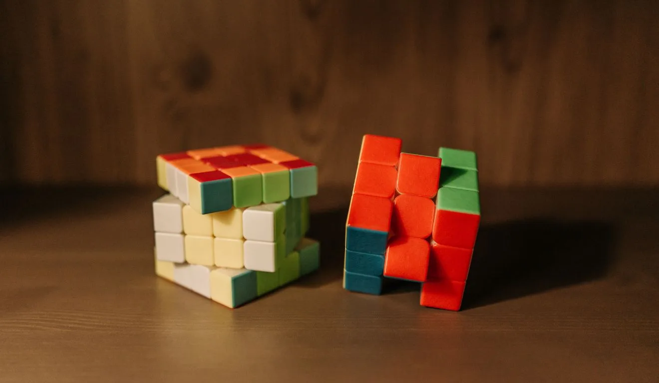 cubos mágicos em cima de uma mesa