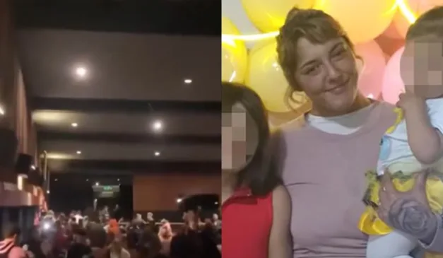 Colagem, pessoas saindo do cinema e mulher atingida.