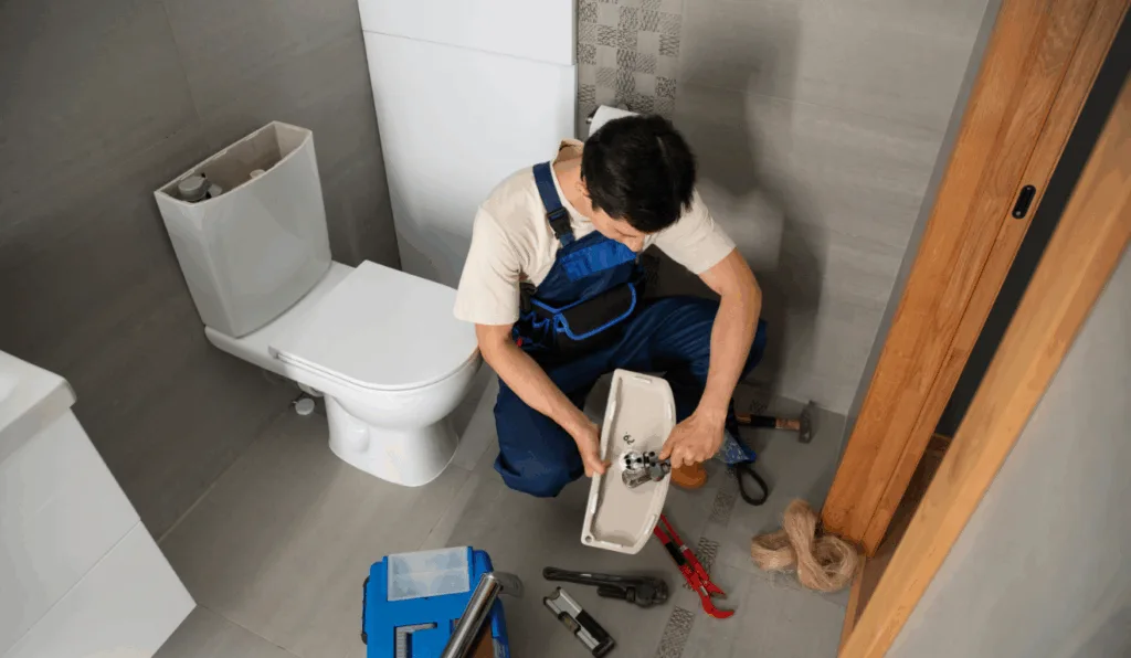 Imagem ilustrativa de um homem arrumando o vaso sanitário.