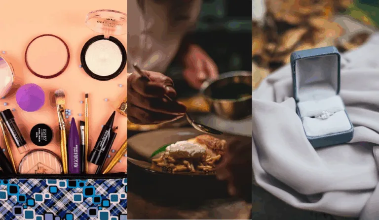 Imagem ilustrativa de maquiagens, jantar, e um anel.